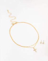 Gold Plated Cubic Zirconia Stud & Cross Necklace Set - link has visual effect only