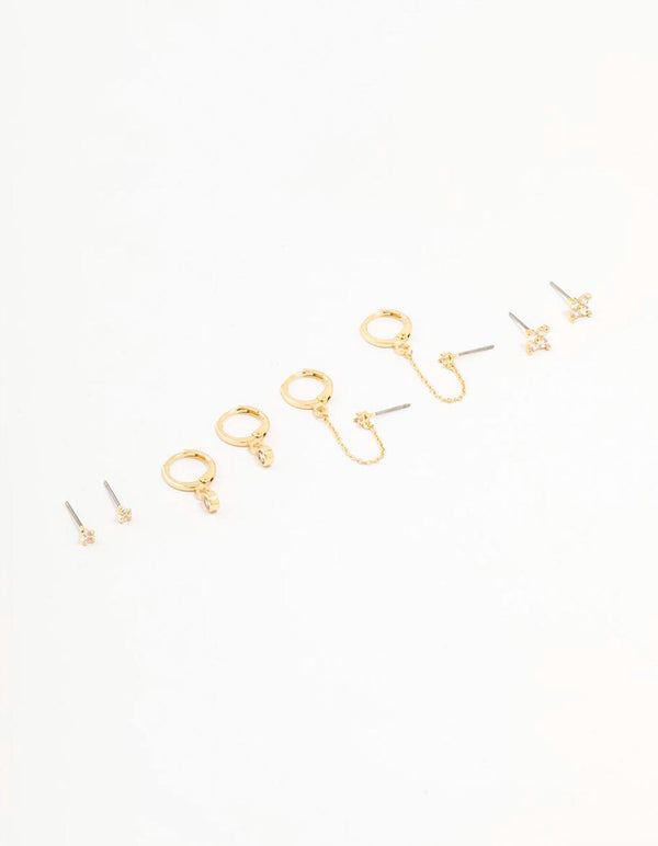 Gold Plated Round Cubic Zirconia & Chain Earrings 5-Pack