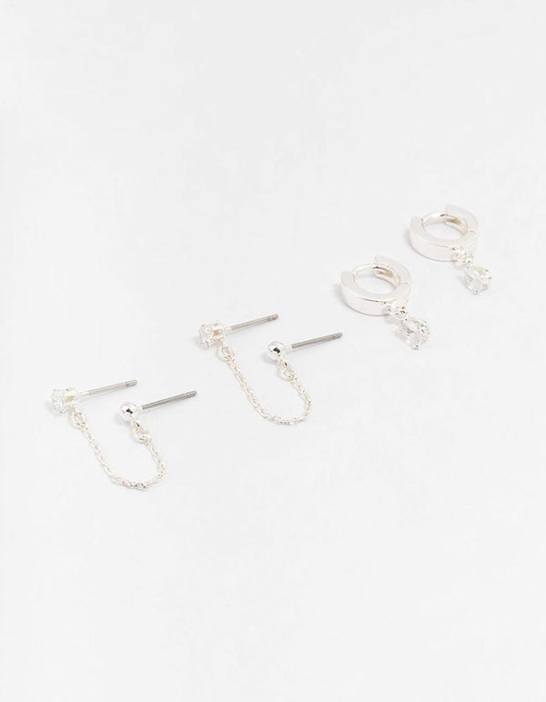 Silver Cubic Zirconia Chain Stud & Hoop Earrings 3-Pack