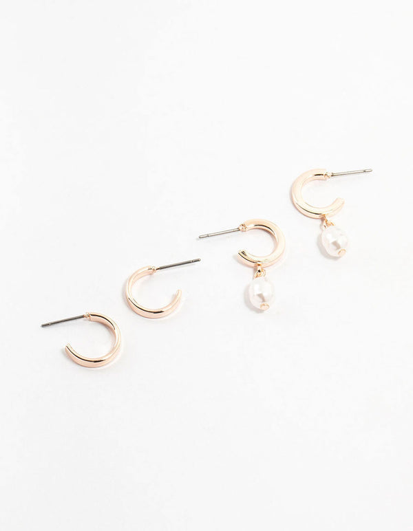 Simple Pearl Rose Gold Huggie Earrings 2-Pack