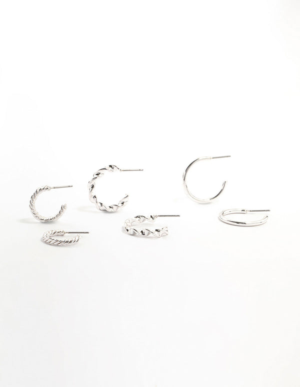 Silver Twisted & Clean Hoop Earrings 3-Pack