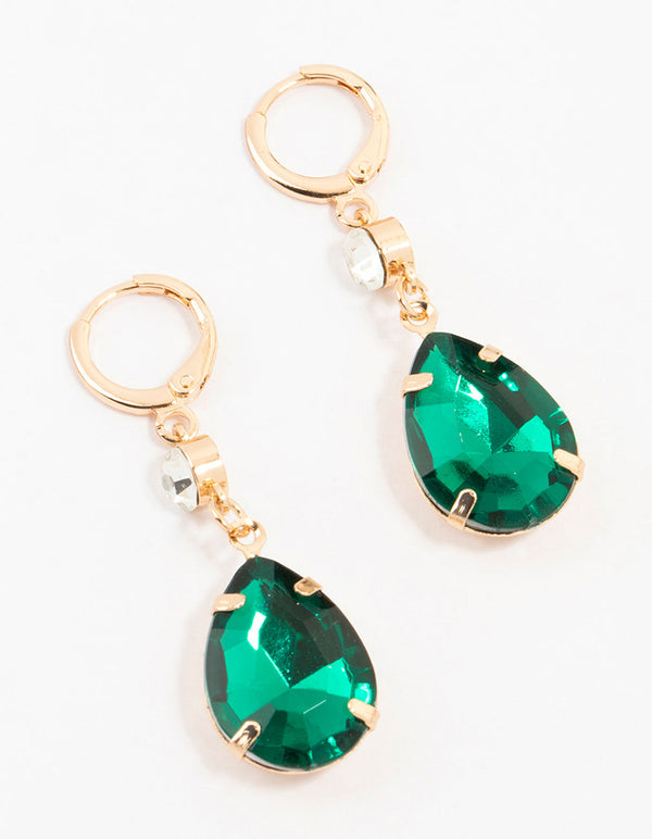 Gold Green Pear Diamante Drop Clicker Earrings