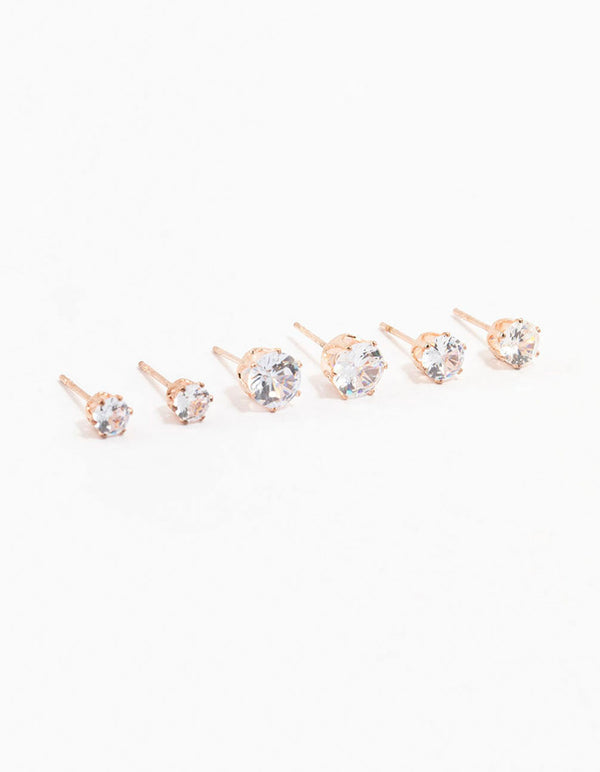 Rose Gold Graduating Diamante Stud Earrings 3-Pack