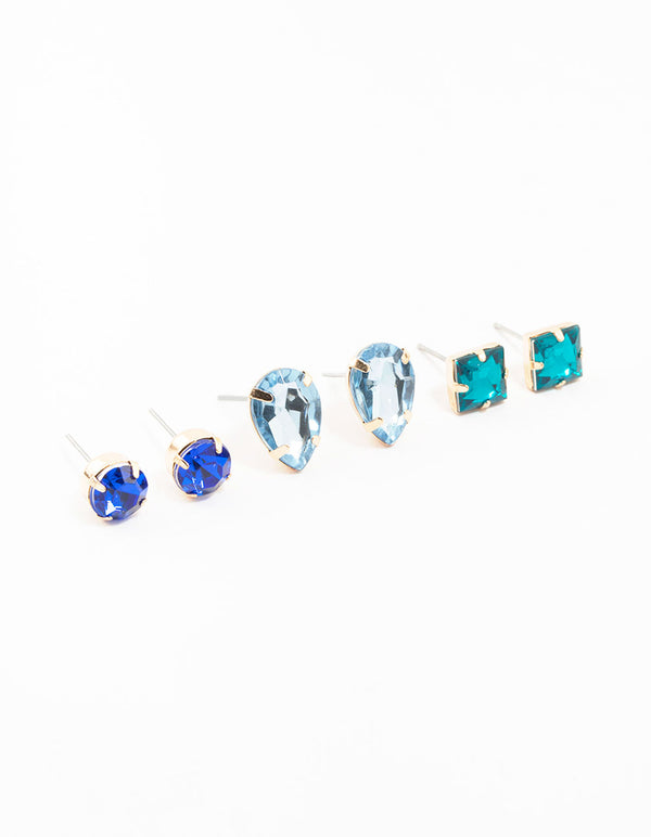 Blue Square, Pear & Circle Gold Stud Earrings 3-Pack