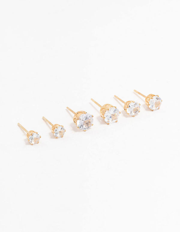 Graduating Diamante Gold Stud Earrings 3-Pack