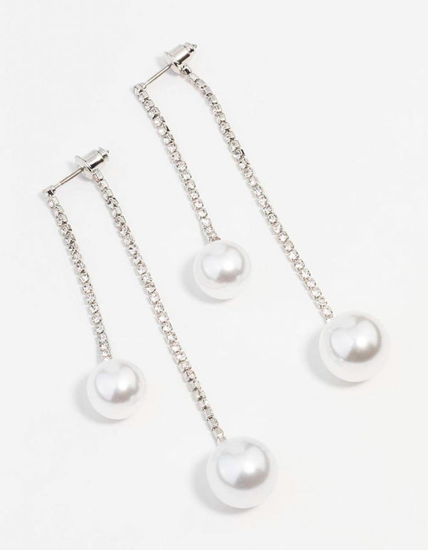 Rhodium Double Diamante Pearl Drop Earrings