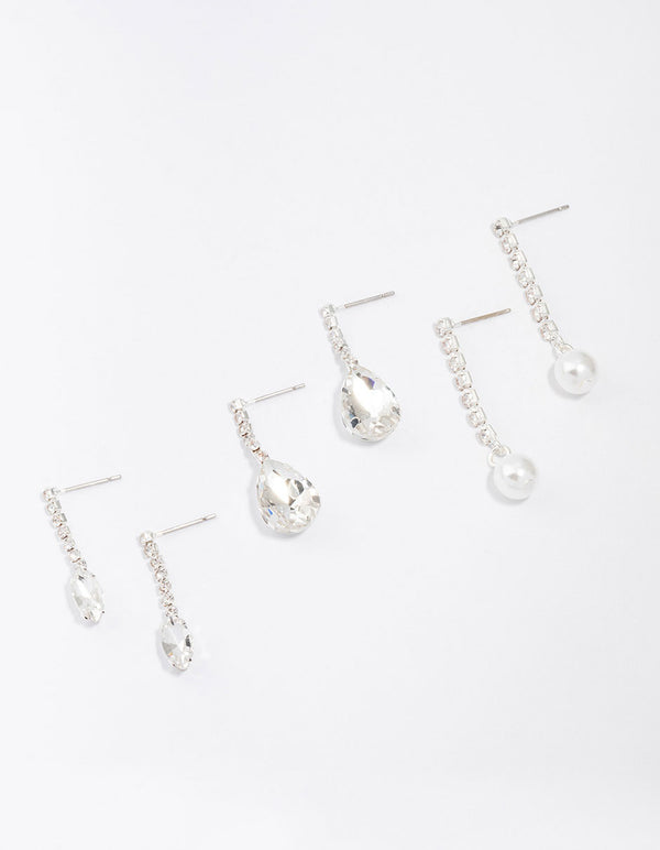 Silver Diamante Drop Earrings 3-Pack