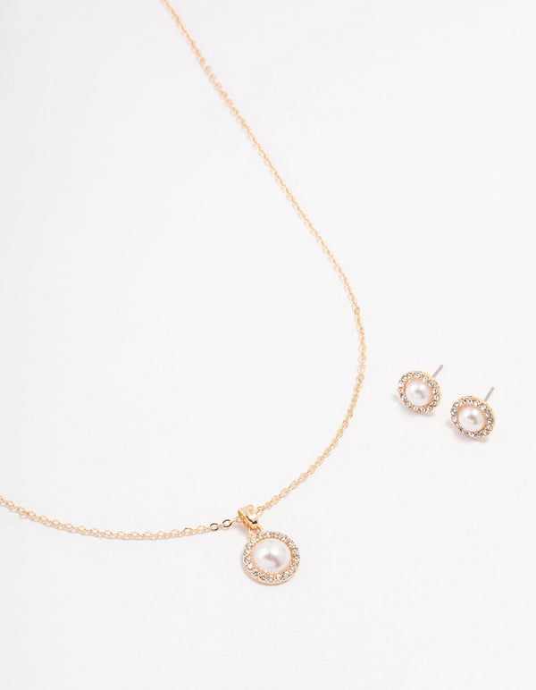 Gold Diamante & Pearl Halo Necklace & Stud Earrings Set