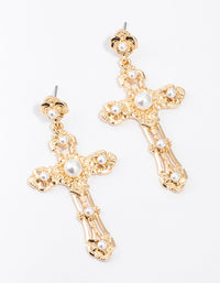 Small Gold Pearl Cross Drop Earrings - link has visual effect only