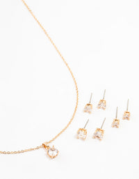 Gold Multiple Cubic Zirconia 6-Pack Stud  Earrings & Necklace Set - link has visual effect only