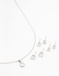 Silver Multiple Cubic Zirconia 6-Pack Stud Earrings & Necklace Set - link has visual effect only