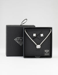 Square Rhodium Cubic Zirconia Necklace & Stud Earrings Pack - link has visual effect only