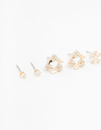 Gold Cubic Zirconia Floral Stud Earrings 3-Pack - link has visual effect only