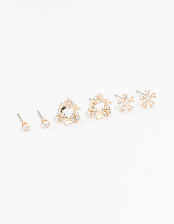 Gold Cubic Zirconia Floral Stud Earrings 3-Pack