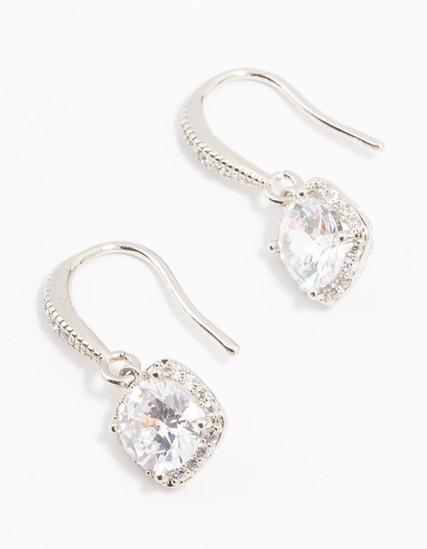 Rhodium Cubic Zirconia Square Drop Earrings