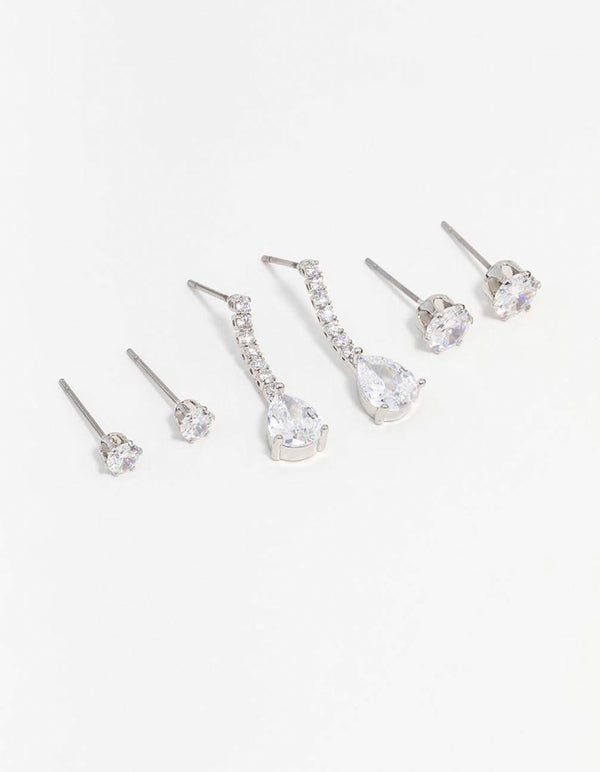 Silver Cubic Zirconia Stud & Drop Earrings 3-Pack