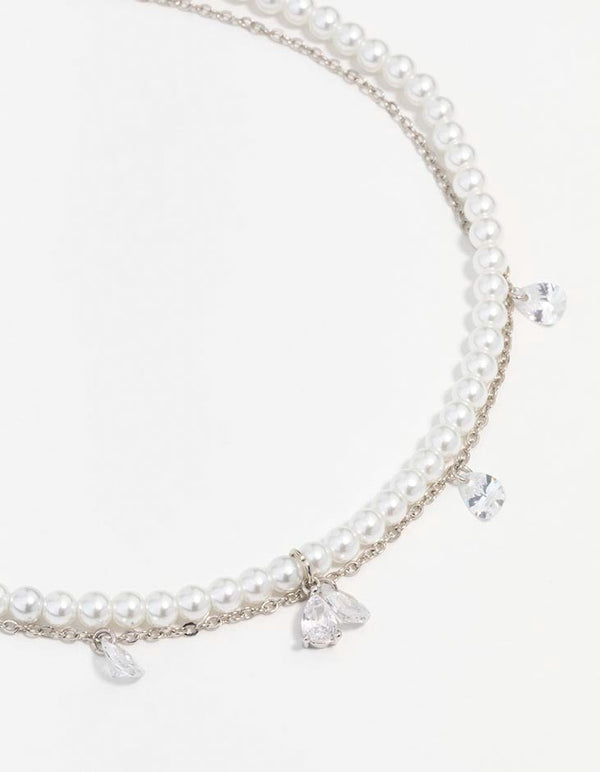 Rhodium Cubic Zirconia Pearl Double Choker