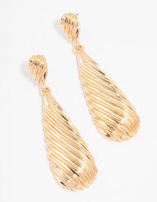 Gold Ribbed Teardrop Earrings