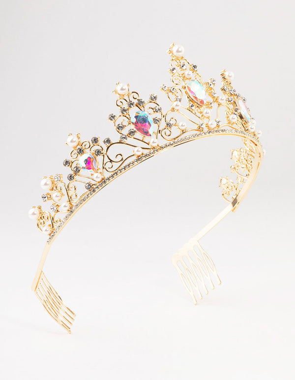 Gold Pear Shaped Stones & Pearls Tiara