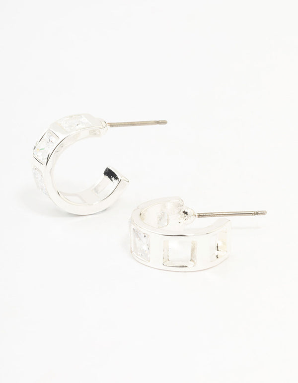 Silver Cubic Zirconia Square Chunky Hoop Earrings