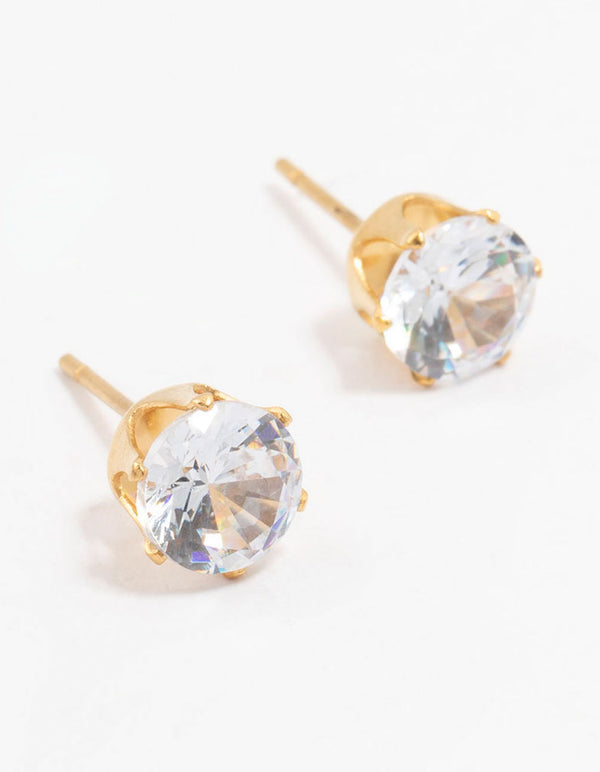 Gold Plated Stainless Steel Cubic Zirconia Stud Earrings 7 MM