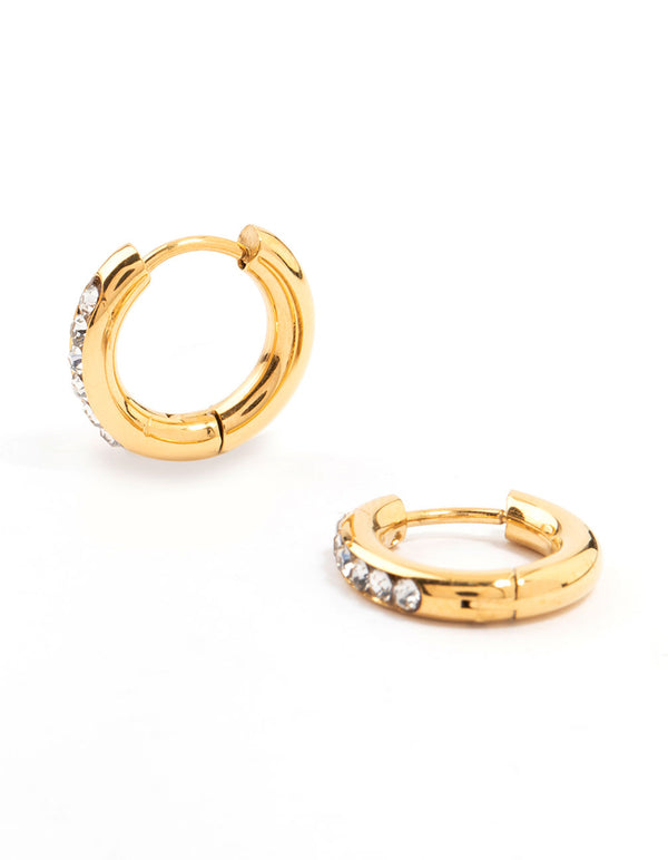 Gold Plated Stainless Steel Round Diamante Clicker Hoop Earrings