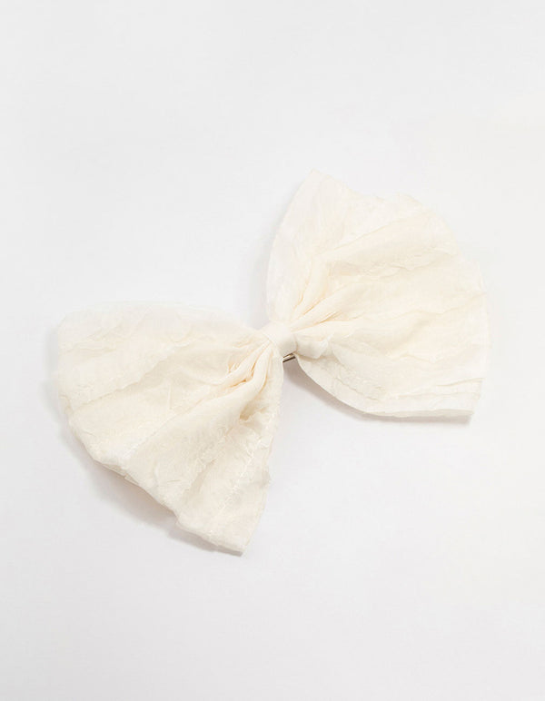 Small Cream Ruffle Fabric Bow Clip