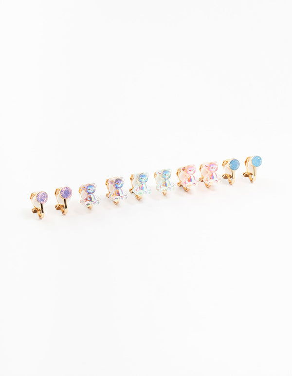 Kids Holographic Gummy Bear Clip On Gold Earrings 5-Pack