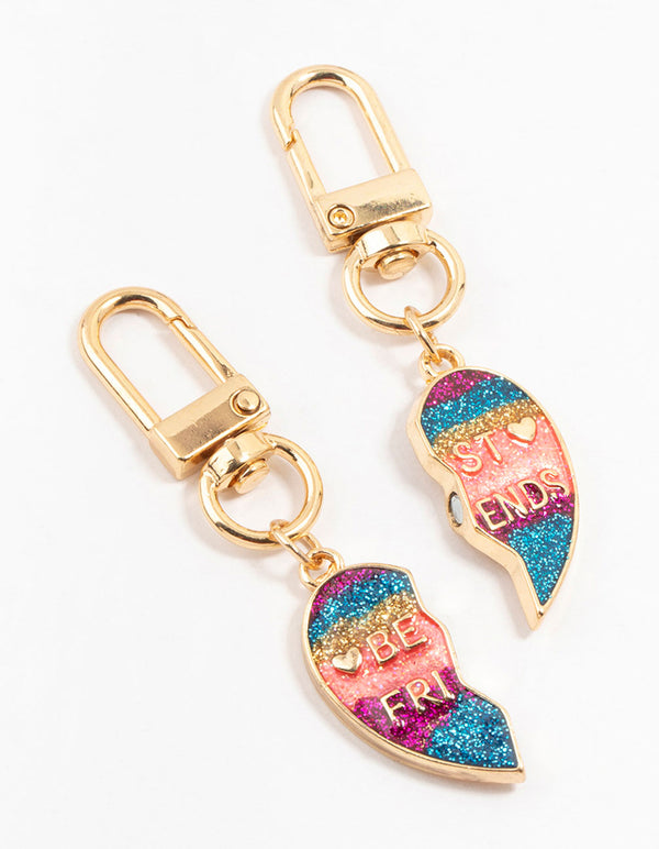 Kids Rainbow Glitter BFF Gold Keyrings 2-Pack