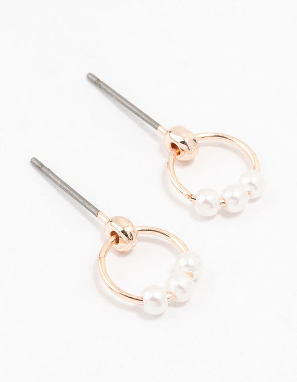 Rose Gold 3 Pearl Circular Stud Earrings