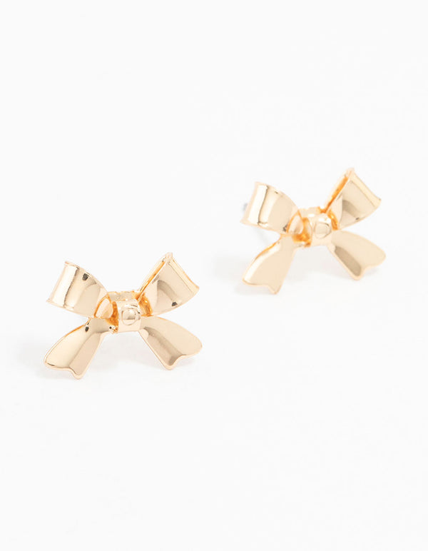 Gold Ribbon Bow Stud Earrings