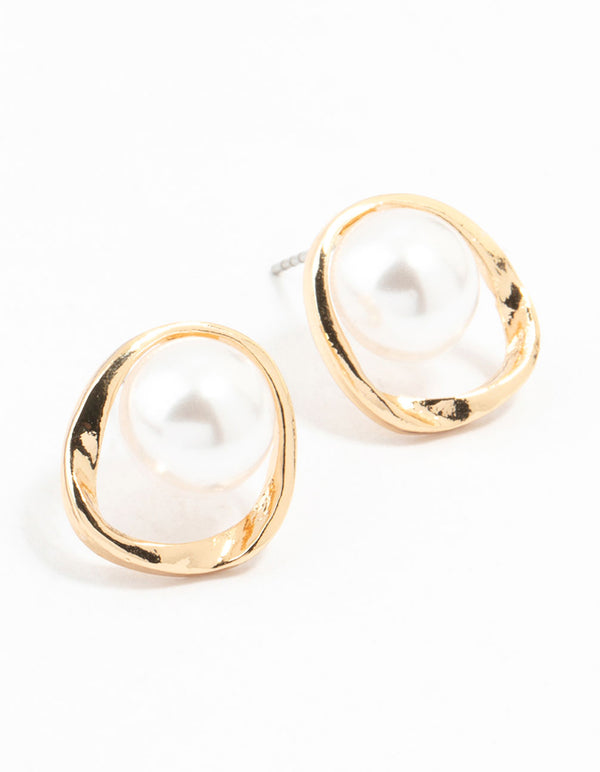 Gold Pearl Twisted Ring Stud Earrings