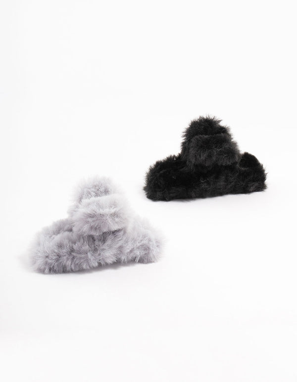 Small Black Faux Fur Fabric Claw Clips 2-Pack