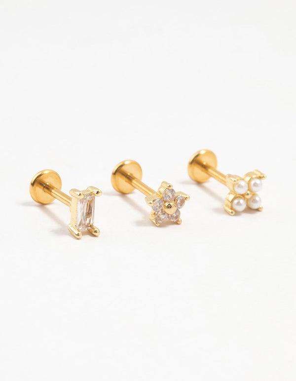 Gold Plated Surgical Steel Flower & Baguette Flatbacks 3-Pack