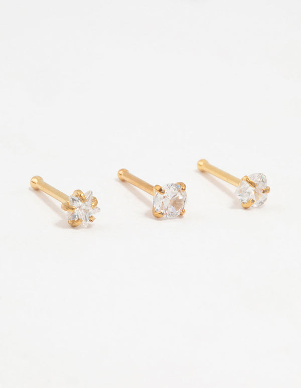 Gold Plated Titanium Graduating Cubic Zirconia Nose Studs 3-Pack