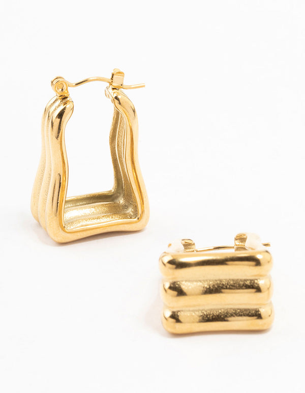 Waterproof Gold Plated Stainless Steel Square Wave Hoop Earrings