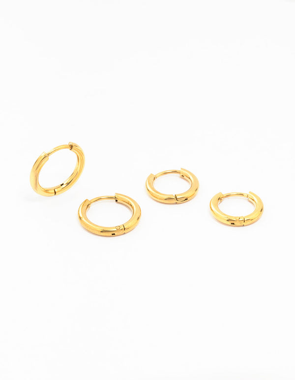 Waterproof Gold Plated Waterproof Stainless Steel Medium Hoop Earrings 2-Pack