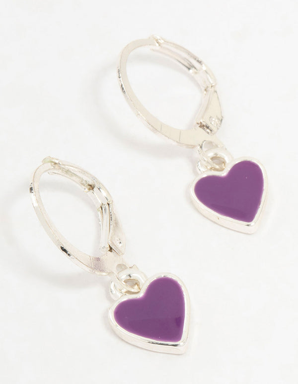 Silver Drop Purple Heart Huggie Earrings