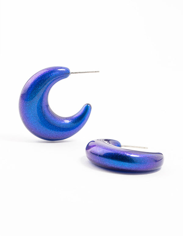 Dark Blue Coated Glitter Crescent Hoop Earrings