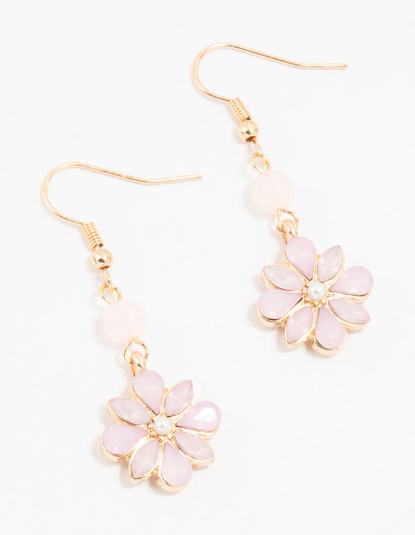 Gold & Pink Beaded Diamante Flower Drop Earrings