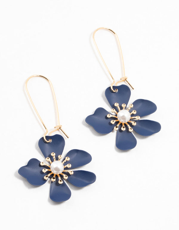 Gold Fish Hook Blue Pearl Flower Hoop Earrings