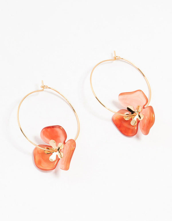 Red Acrylic Large Flower Wire Hoop Earrings