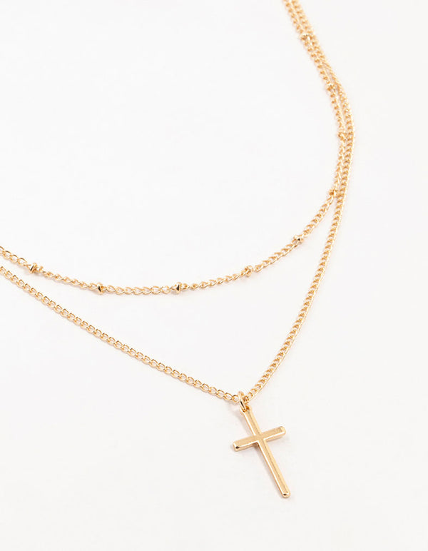 Gold Ball Chain & Cross Layered Necklace