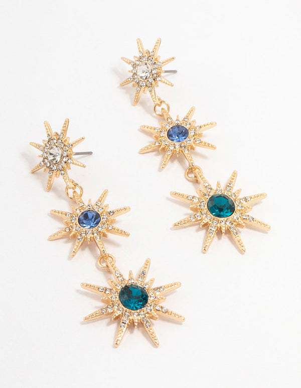 Gold Blue & Silver Cluster Stone Set Star Drop Earrings