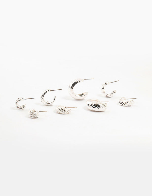 Silver Plated Molten Multiple Hoop Earrings 4-Pack