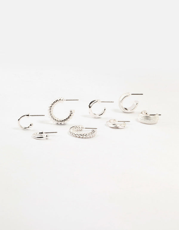 Silver Plated Textured Chunky Hoop Earrings 4-Pack