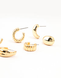 Gold Plated Buggle Ribbed Earrings 4-Pack - link has visual effect only