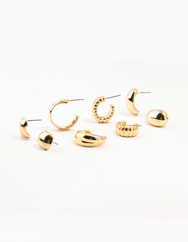 Gold Plated Buggle Ribbed Earrings 4-Pack