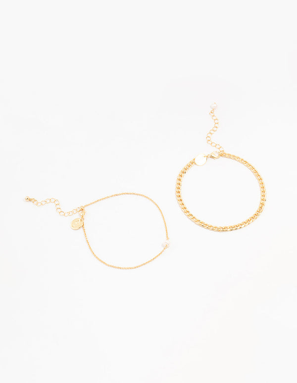 Gold Plated Pearl Curb Anklets 2-Pack