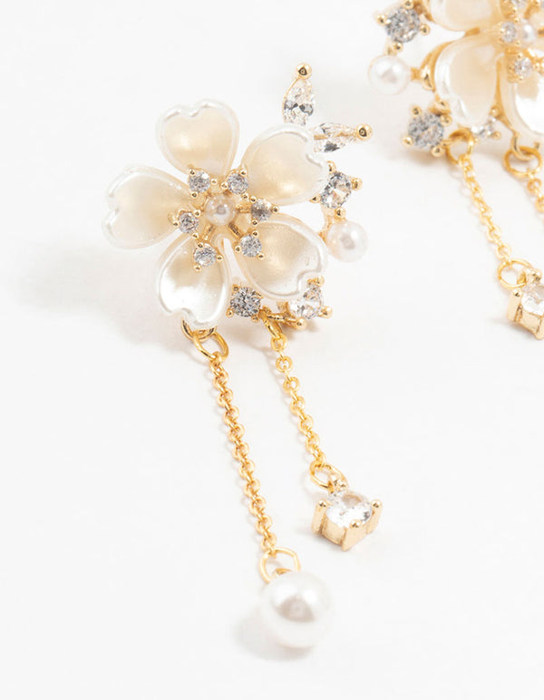 Gold Plated Acrylic Flower Pearl Drop Earrings